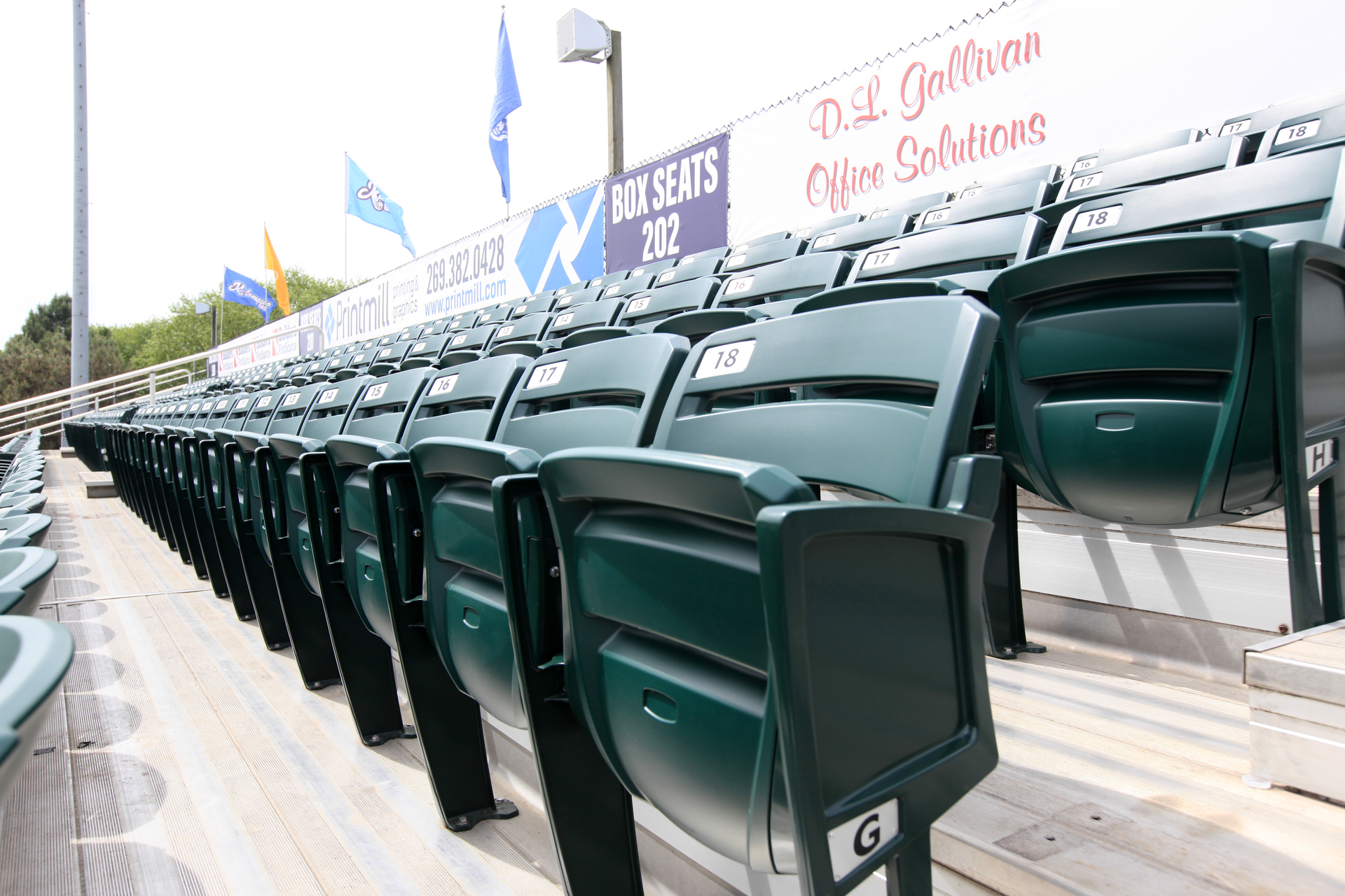 A side view of the AURA Slat Stadium chairs at Honor Credit Union Stadium