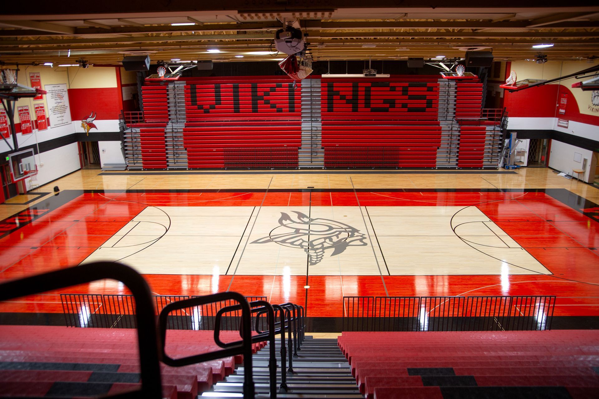 The gymnasium at Bangor High School, installed by KSSG using Interkal innovative bleacher seating.