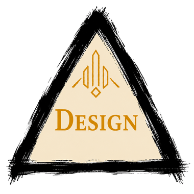 Black triangle logo with gold geometric icon and the word “DESIGN” in gold inside.
