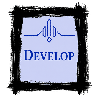 Blue DEVELOP logo centered in a rough black square border on a light background