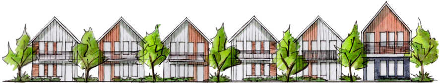 A row of houses with trees in front of them on a white background.