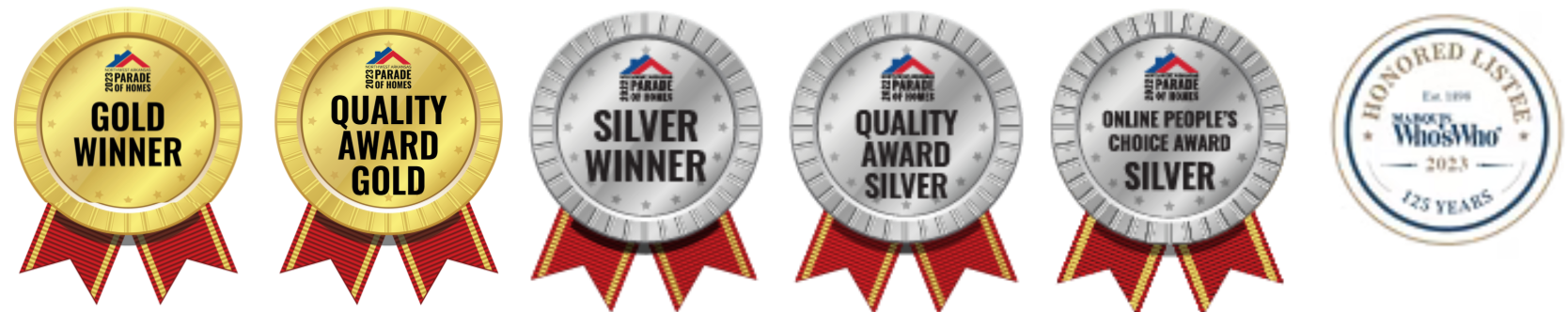 Gold winner silver winner and quality award gold badges with red ribbons
