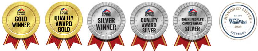Gold winner silver winner and quality award gold badges with red ribbons