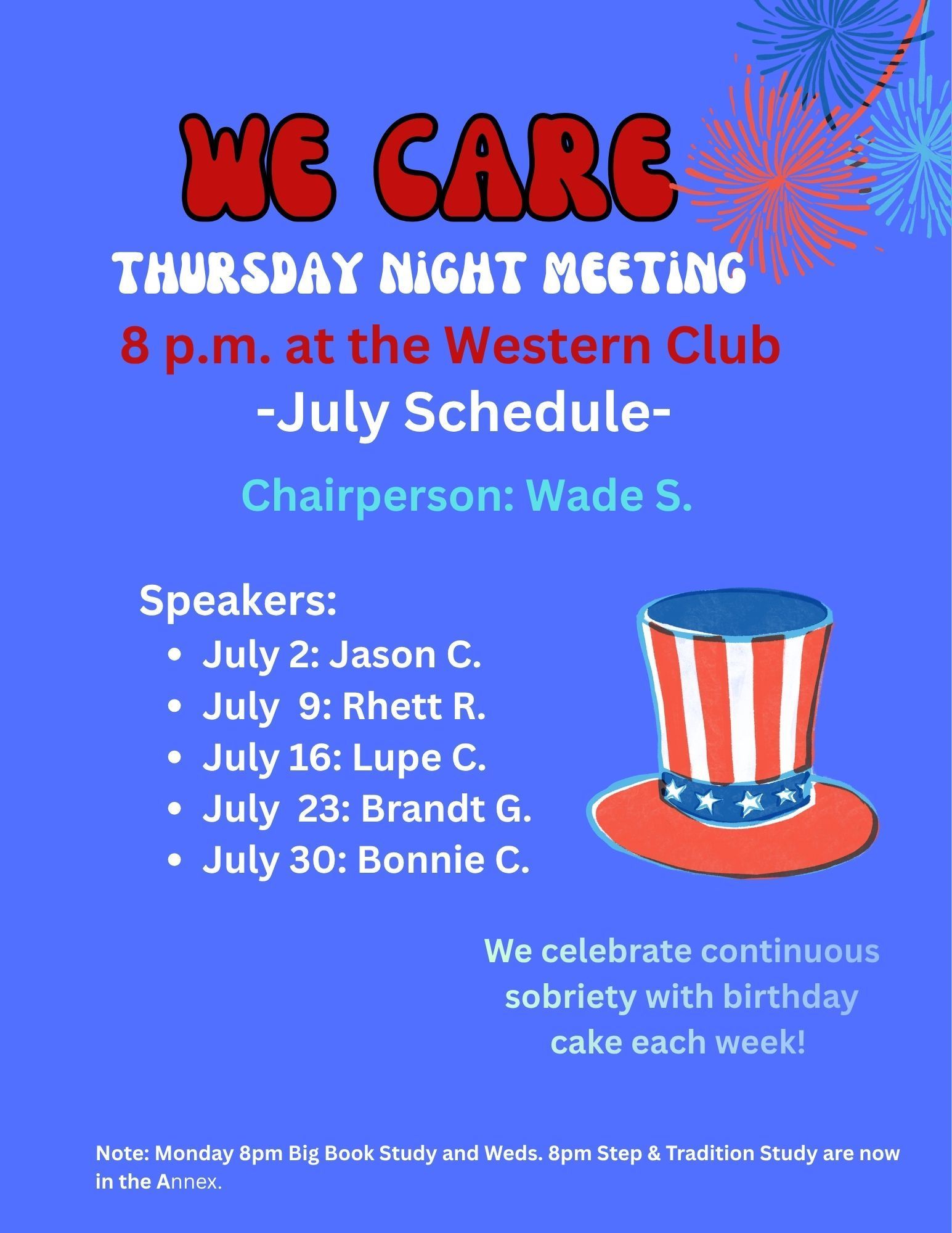 We Care Group Thursday Night Speaker Meeting flyer with April schedule and cartoon figure