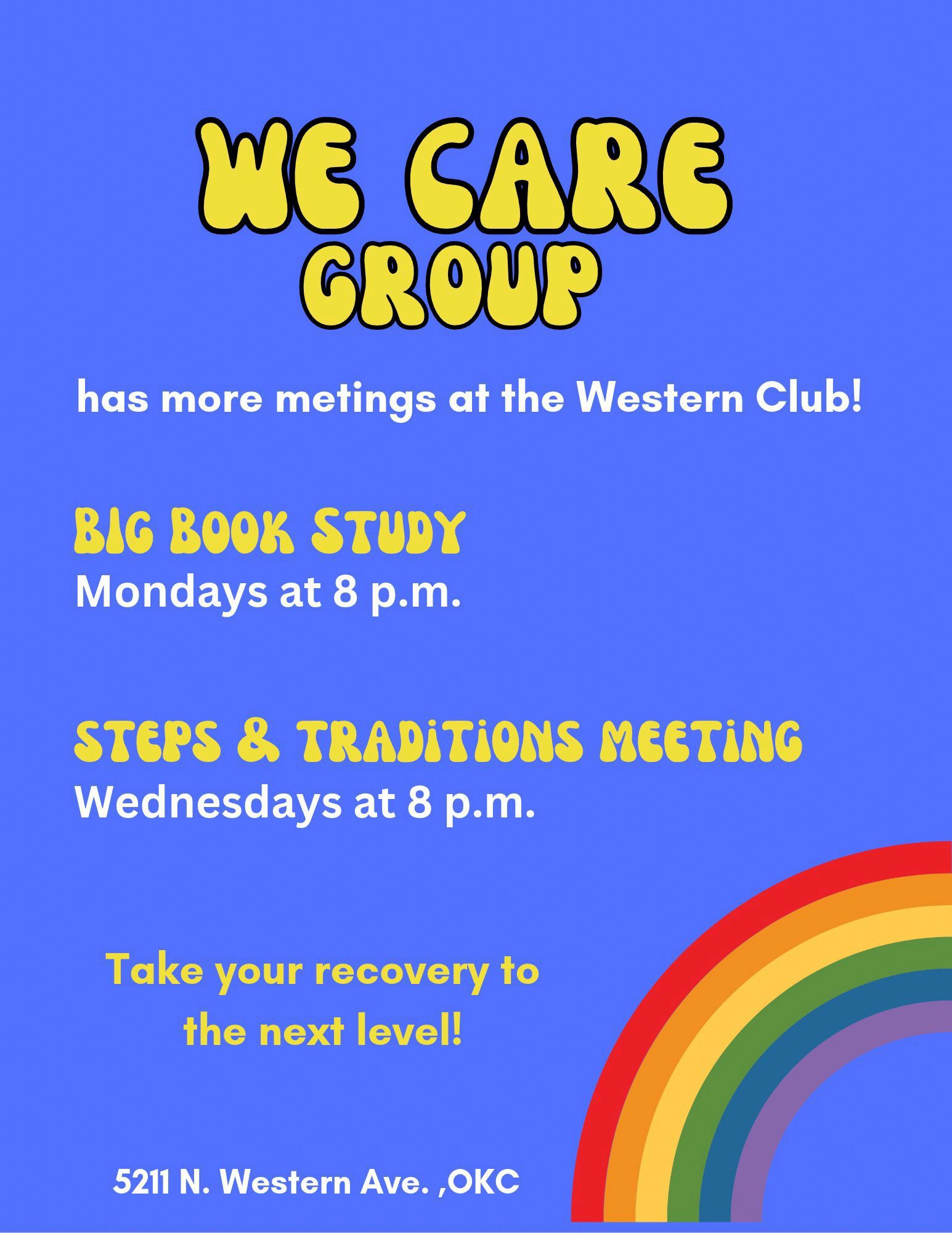 We Care Group Thursday Night Speaker Meeting flyer with April schedule and cartoon figure