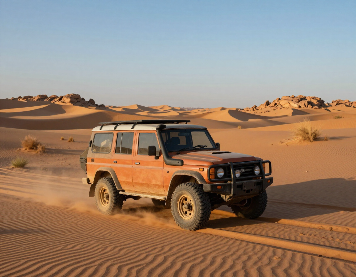 Off-road vehicle in desert landscape