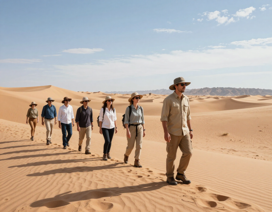 Desert tour group with guide