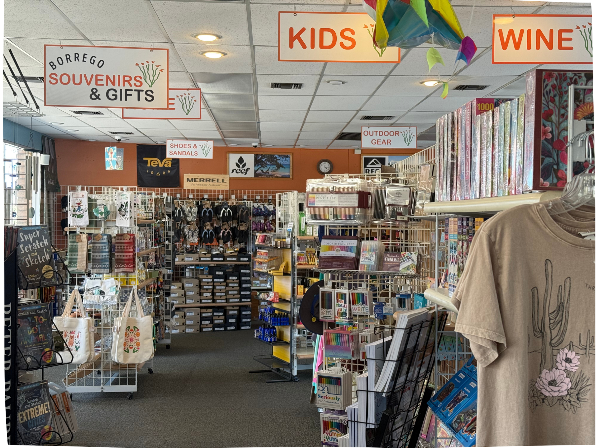 Inside Borrego Outfitters showing clothing racks and gift displays