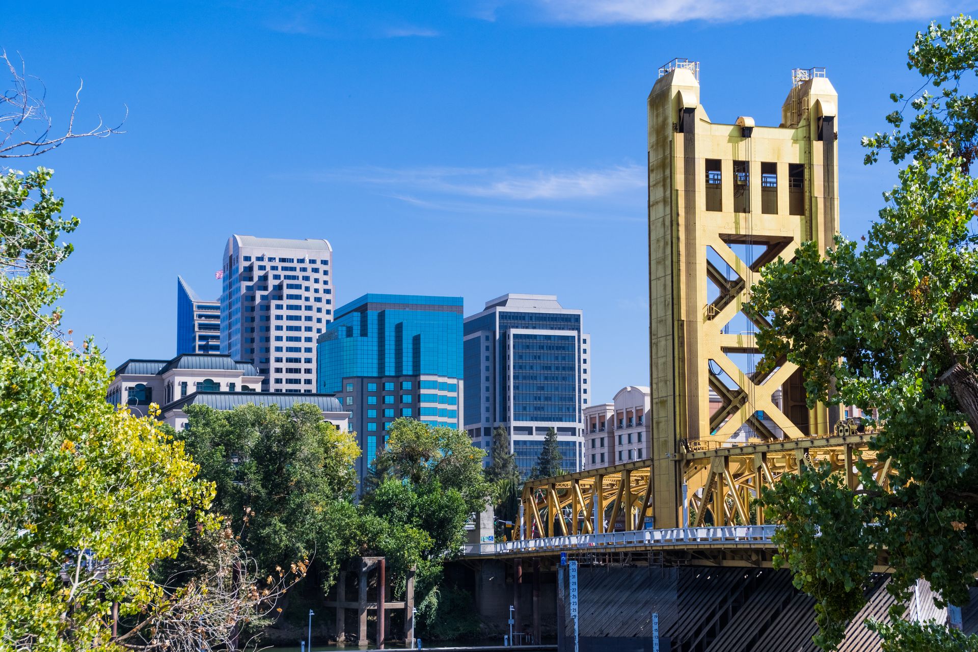 A bridge over a river with a city skyline in the background.