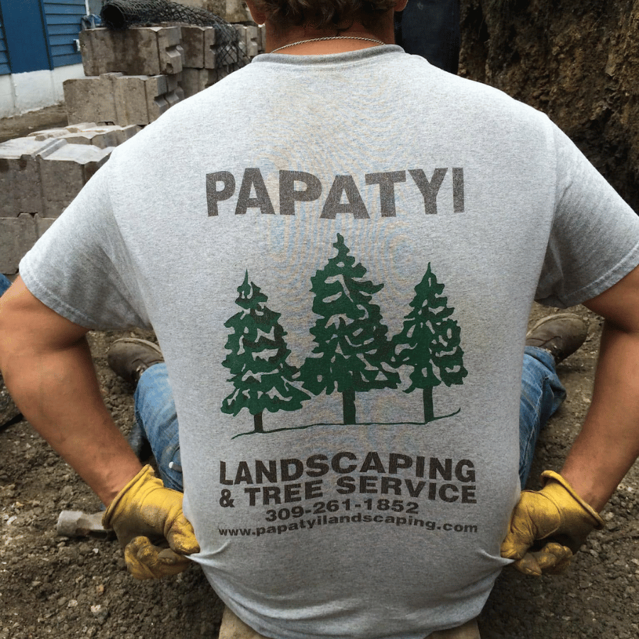 Worker wearing gray “PAPATYI Landscaping & Tree Service” T-shirt, seen from behind in an outdoor worksite.