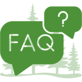Green FAQ speech bubbles with a question mark over a faint pine tree background