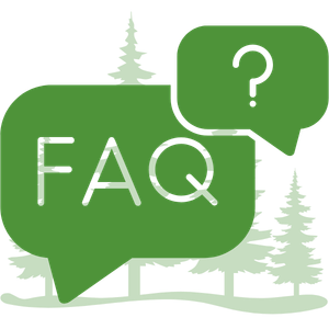 Green FAQ speech bubbles with a question mark over a faint pine tree background