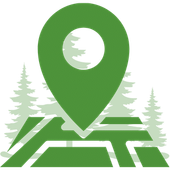 Green location pin over a stylized map with pine trees, suggesting an outdoor or forest location tag