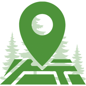 Green location pin over a stylized map with pine trees, suggesting an outdoor or forest location tag