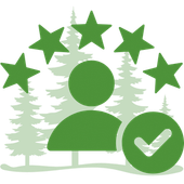 Green user icon with five stars and a checkmark over pale trees on a white background