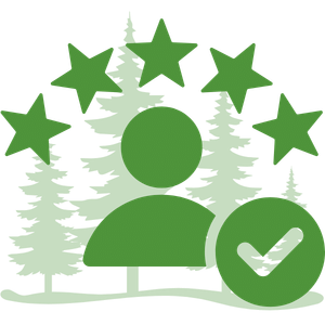 Green user icon with five stars and a checkmark over pale trees on a white background