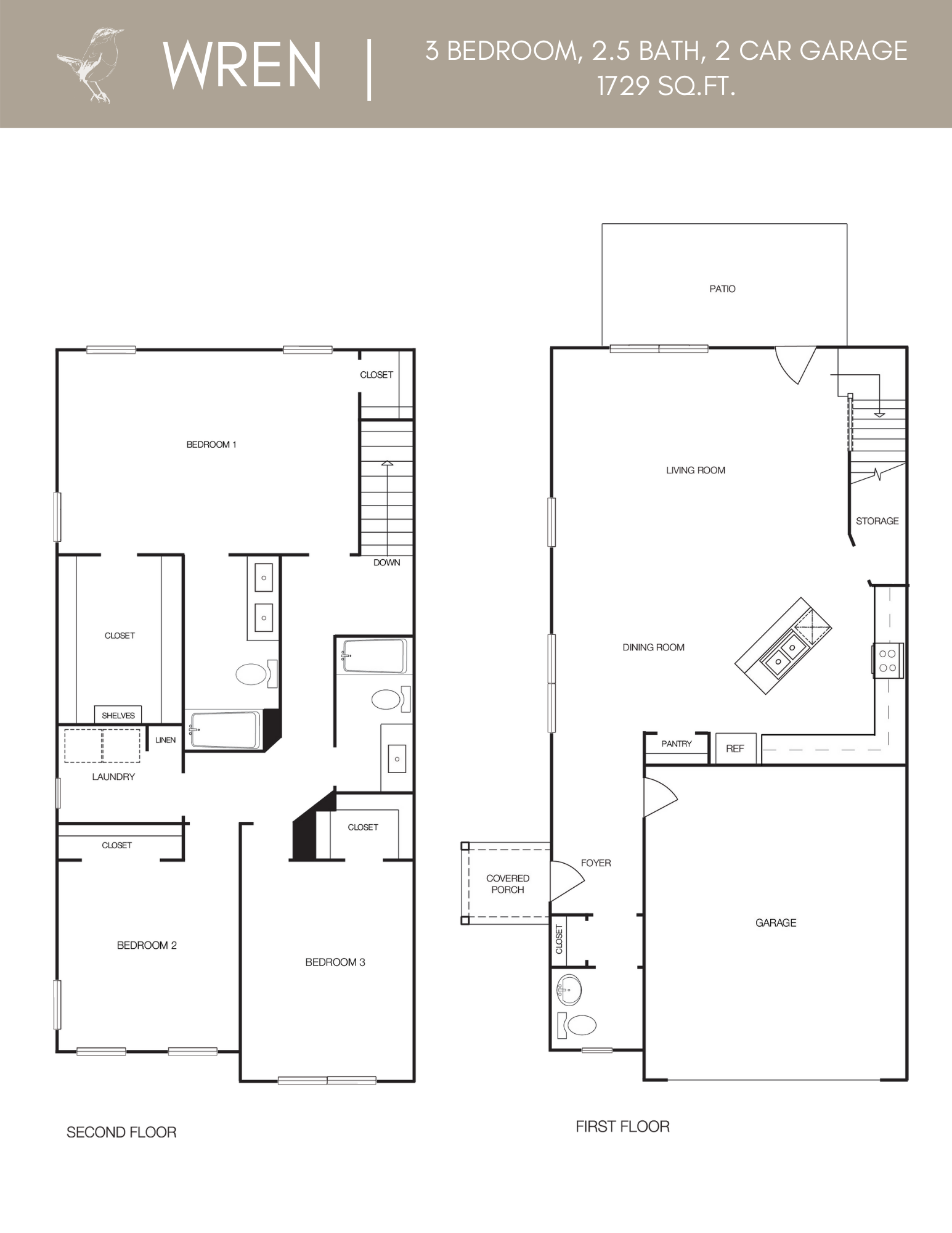2D Townhouse floor plan of the Wren, a 3 bedroom, 2.5 bath, 2 story townhome with attached garage.