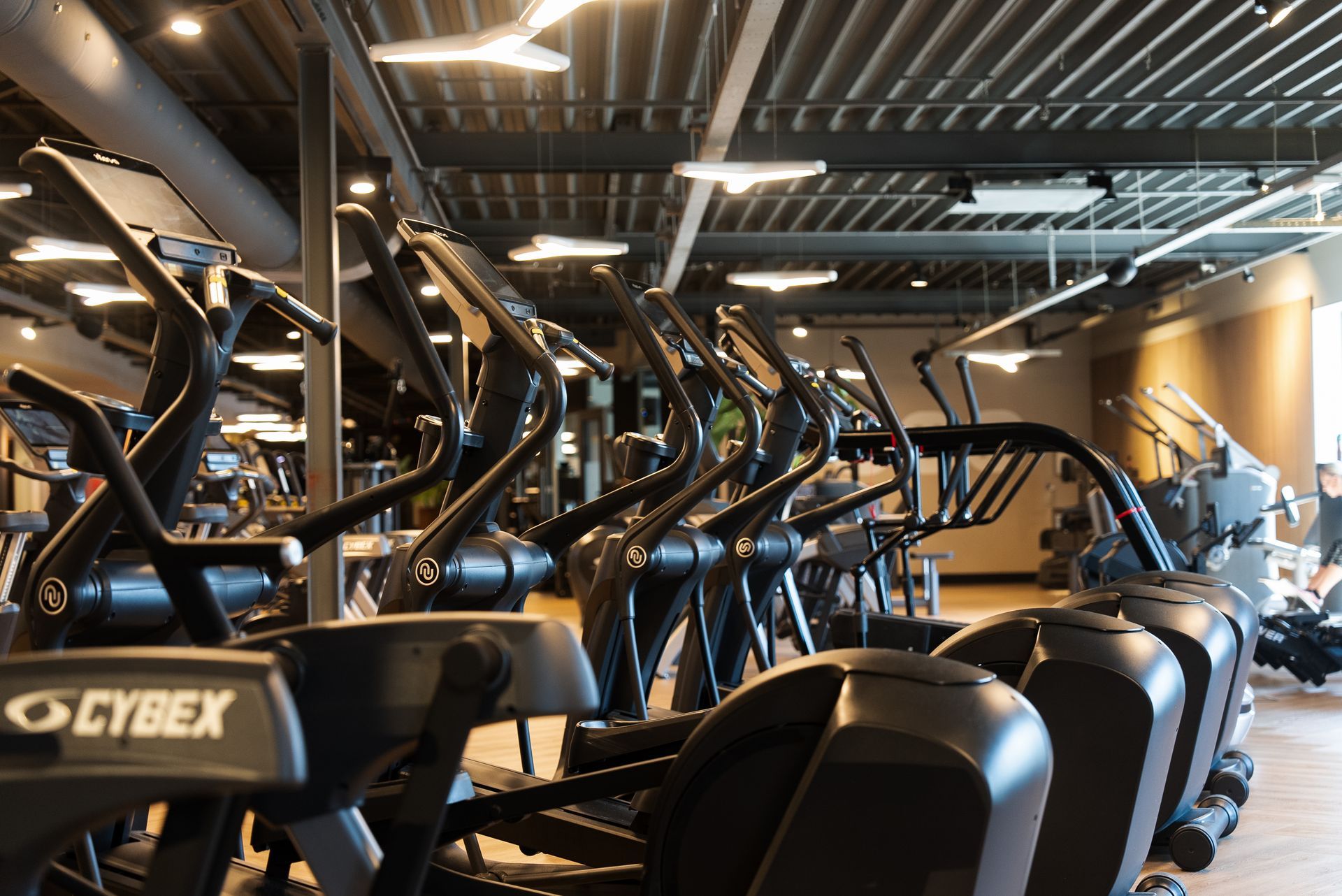 In een gymzaal staat een rij crosstrainers opgesteld.