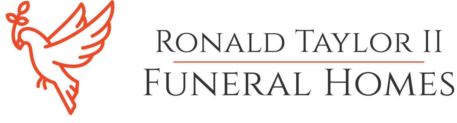 Ronald Taylor II Funeral Homes logo with orange dove icon and gray serif text