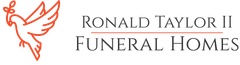 Ronald Taylor II Funeral Homes logo with orange dove icon and gray serif text