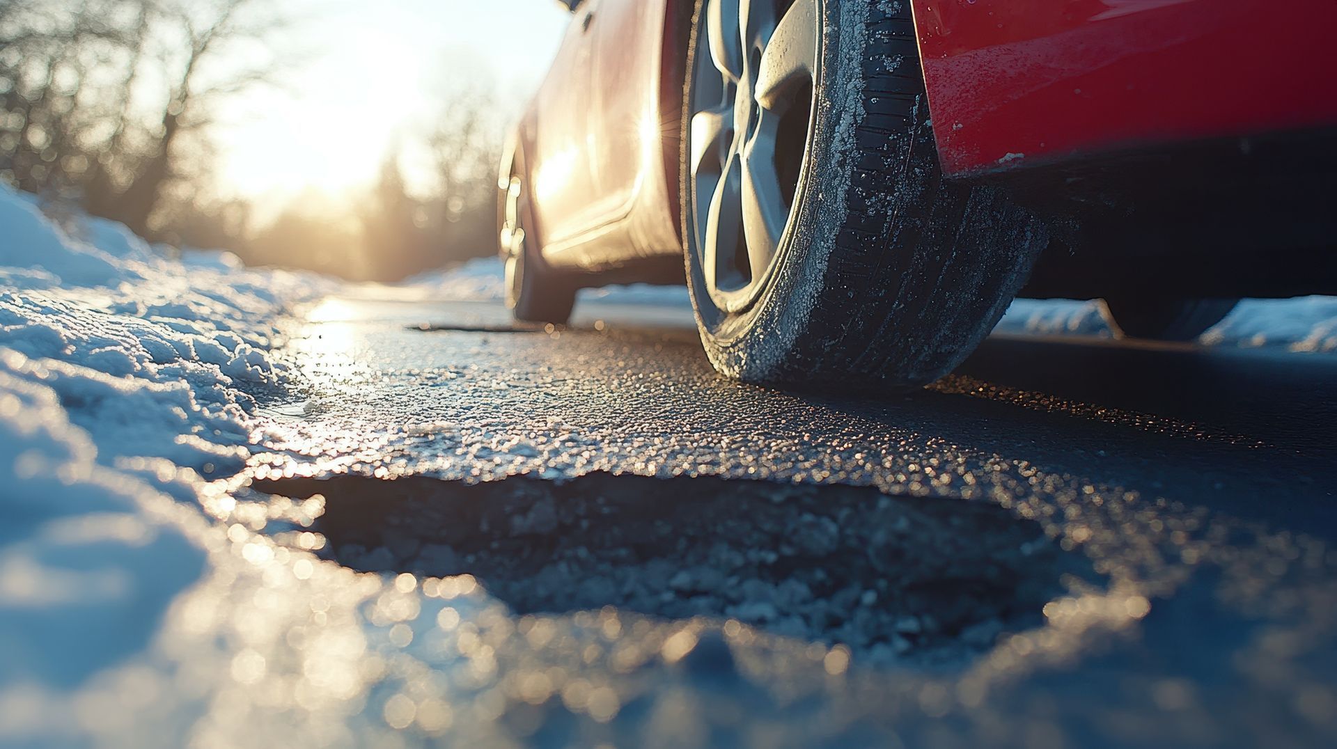 A red car is driving down a snowy road.