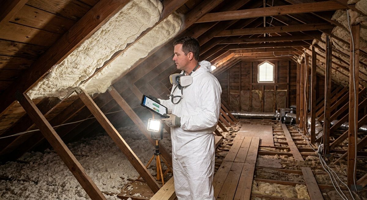 Contractor inspecting attic spray foam insulation in Bryan, TX for a cost estimate.
