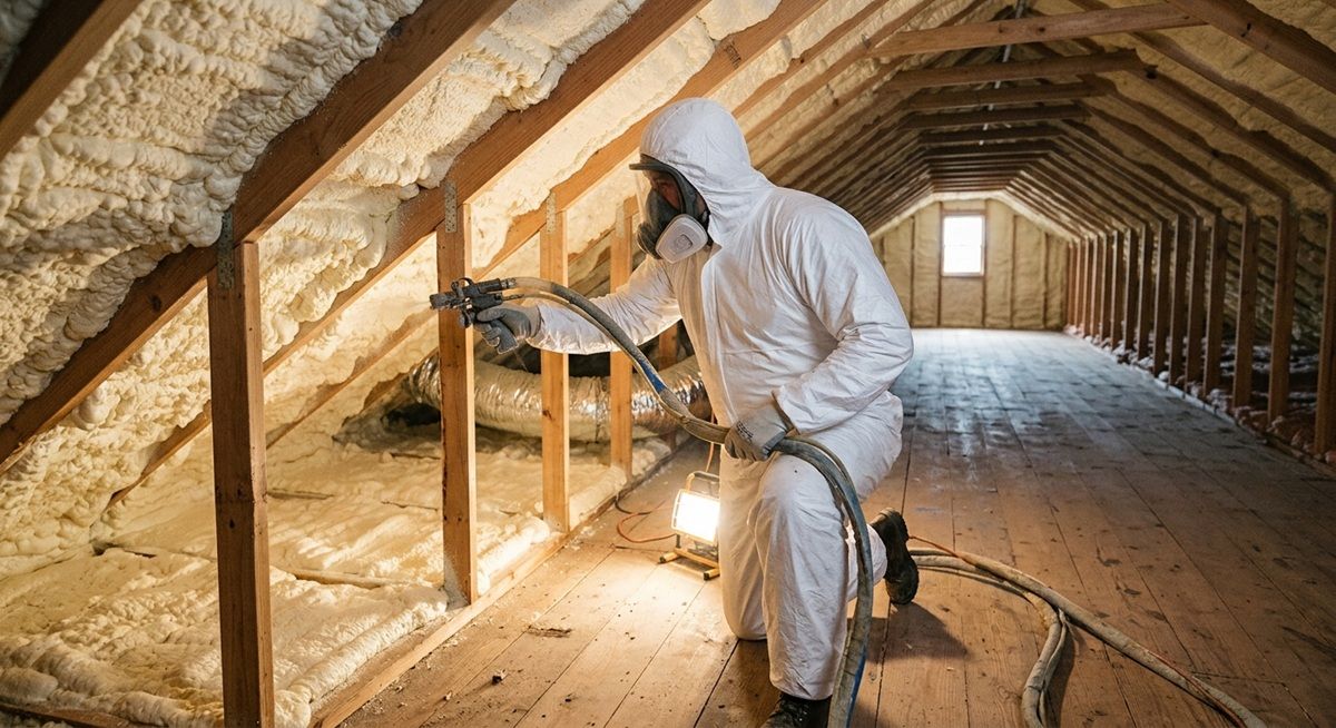 Professional contractor applying spray foam insulation in a residential attic in Bryan, TX.