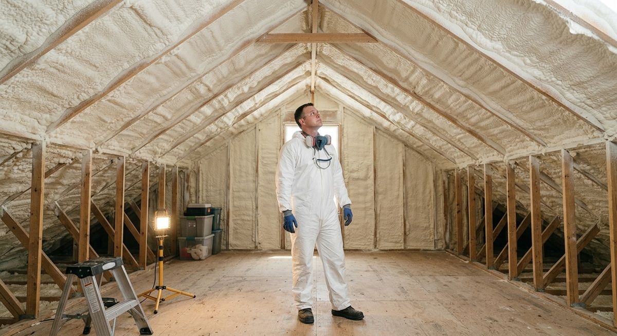Contractor inspecting completed spray foam insulation inside a Bryan, TX residential attic.