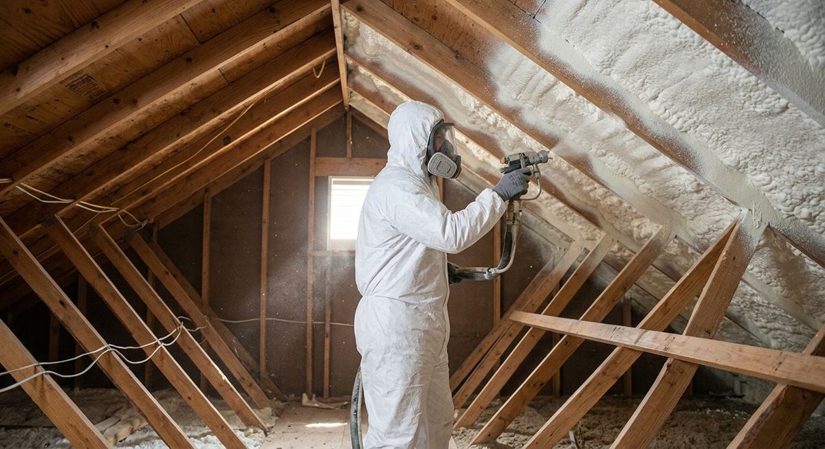 Professional contractor applying spray foam insulation to a residential attic roof.
