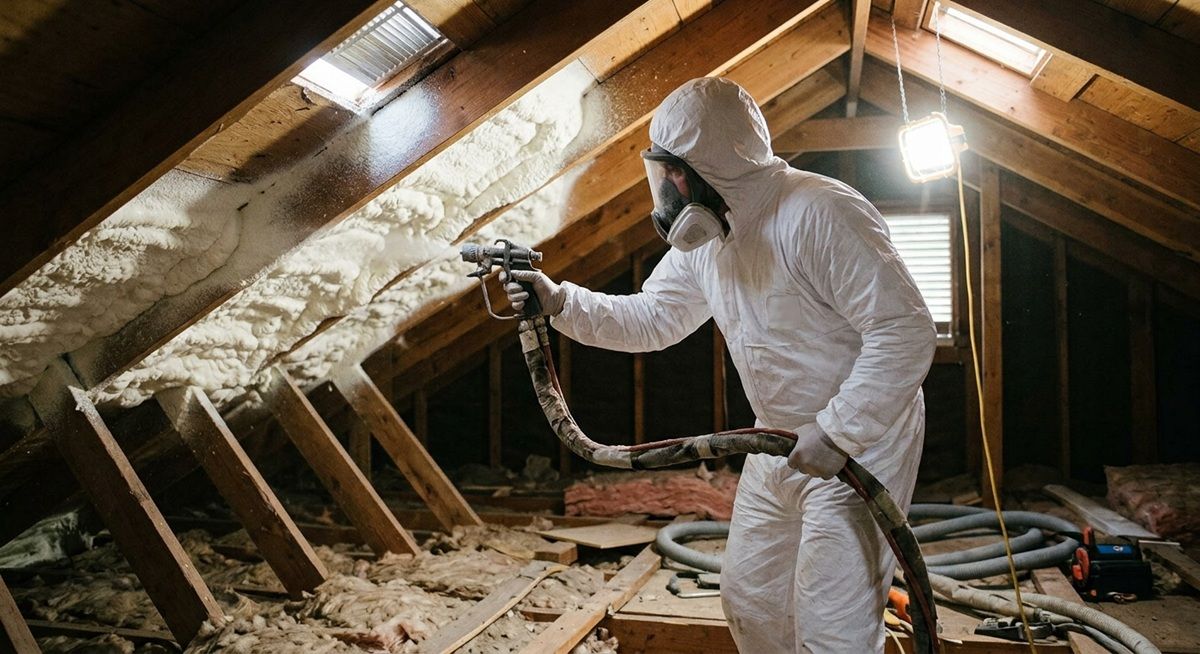 Contractor in protective gear applying spray foam insulation to a residential attic.