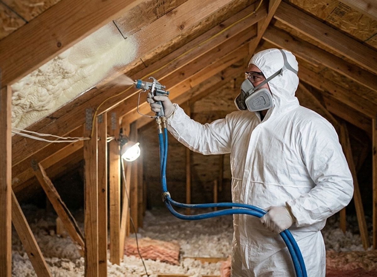 Contractor applying spray foam insulation in an attic.
