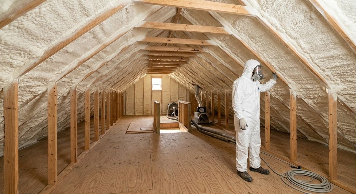 Residential attic spray foam application.