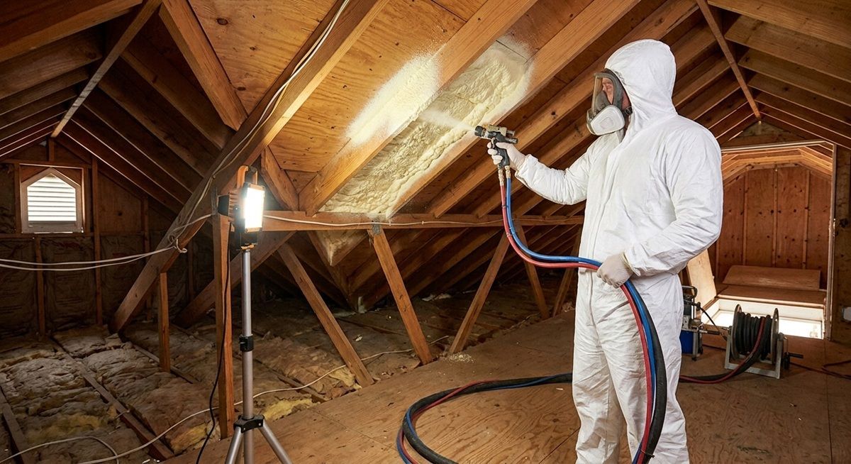 Contractor spraying foam insulation on attic roof rafters.