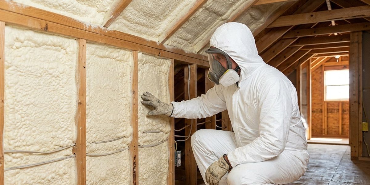 Contractor in protective gear inspecting closed cell spray foam insulation in an attic.