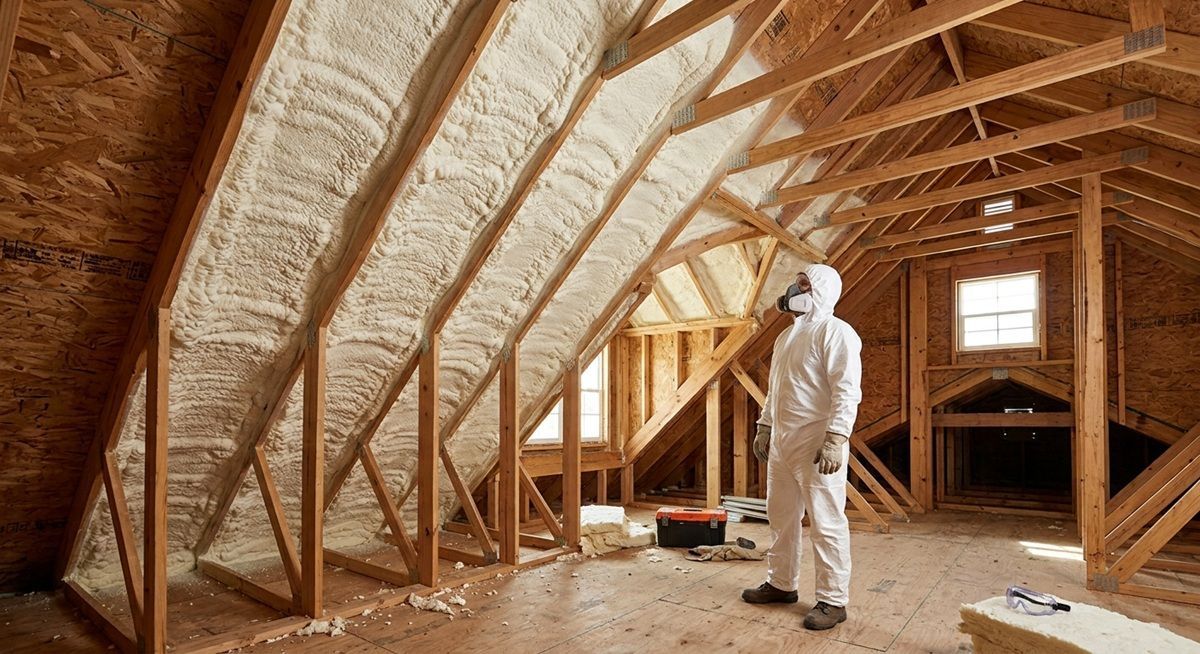 Contractor inspecting closed cell spray foam insulation in an attic.