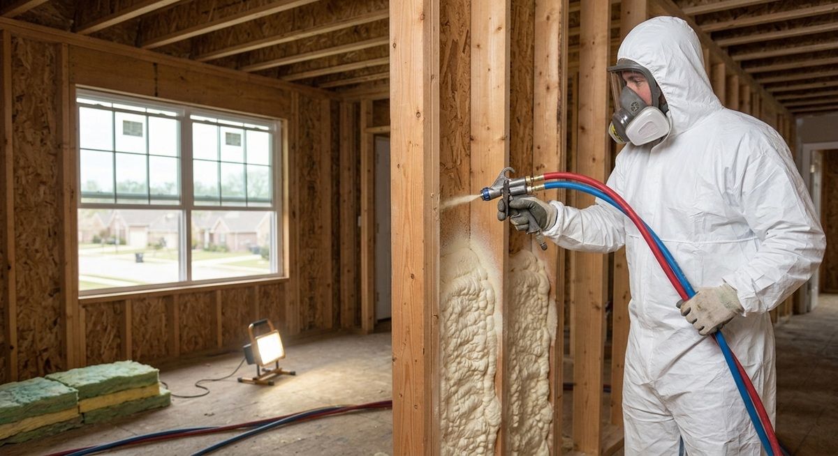 Contractor applying spray foam insulation to interior wall studs.
