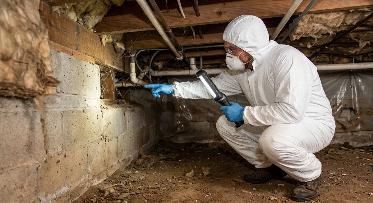 Inspector in hazmat suit crouching and pointing in a crawl space.
