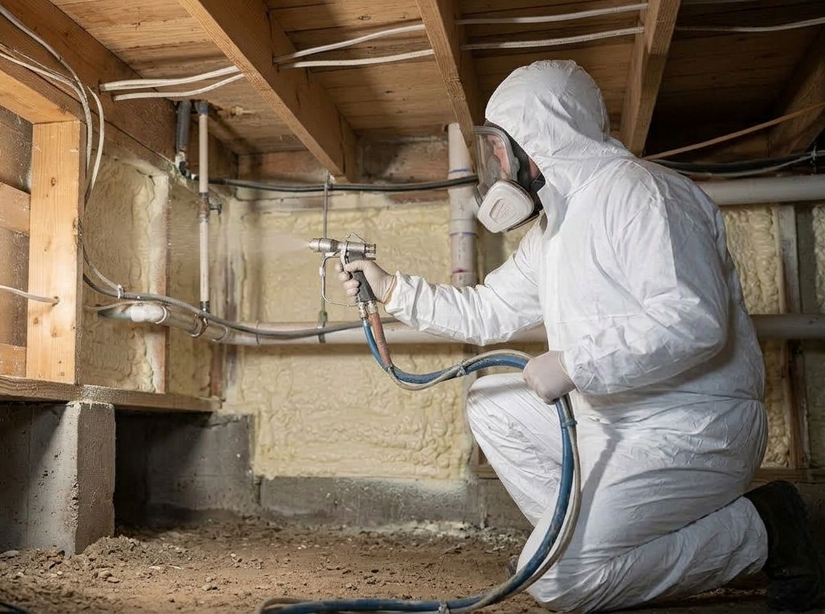 Insulating crawl space with spray foam.
