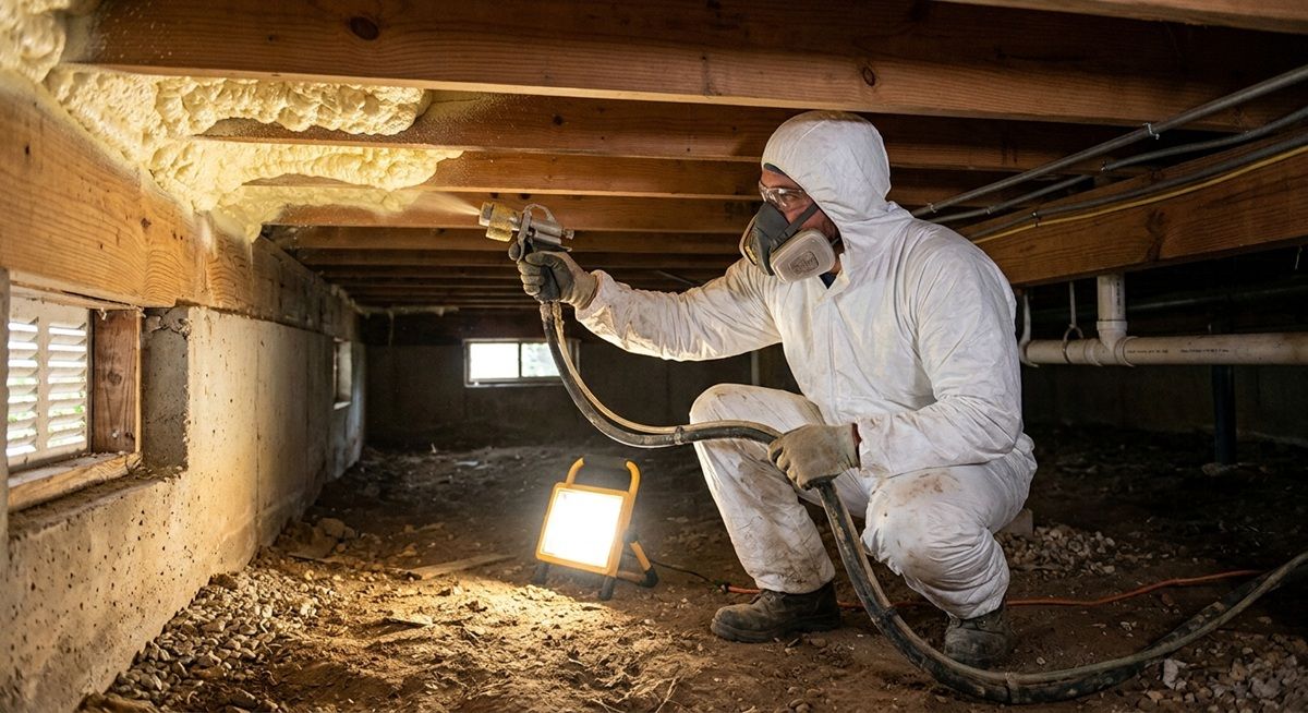 Contractor applying spray foam insulation to wood joists in a residential crawl space in Bryan, TX.
