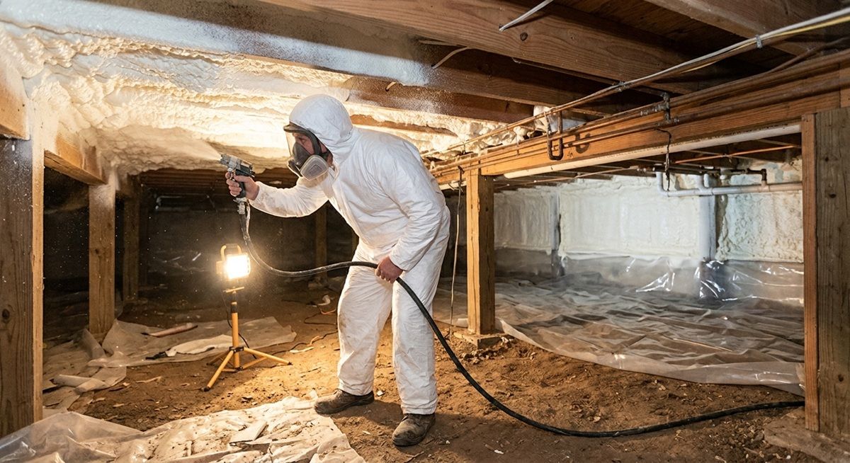 Contractor in a plain protective suit applying spray foam insulation