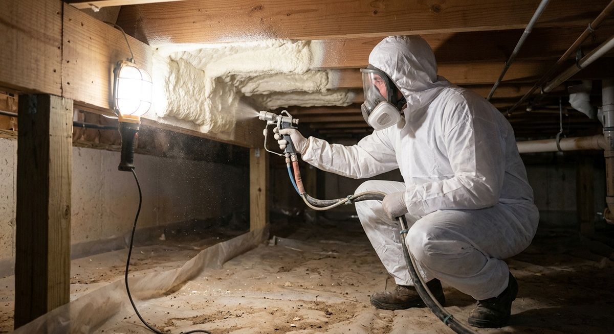 Contractor in protective gear applying spray foam insulation to crawl space joists in College Station, TX.