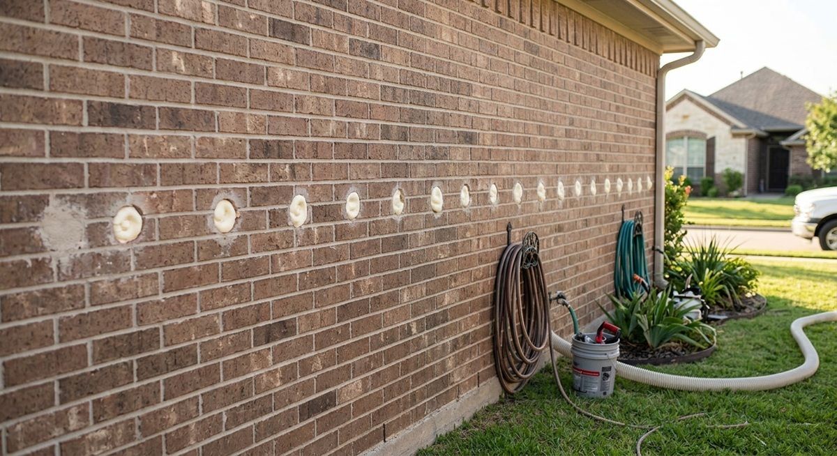 Exterior brick wall showing filled injection foam insulation ports on a home in Bryan, TX
