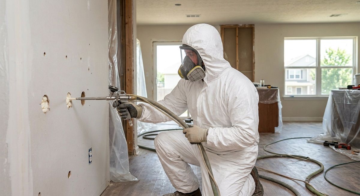 Contractor applying injection foam insulation to a residential interior wall in Bryan, TX.