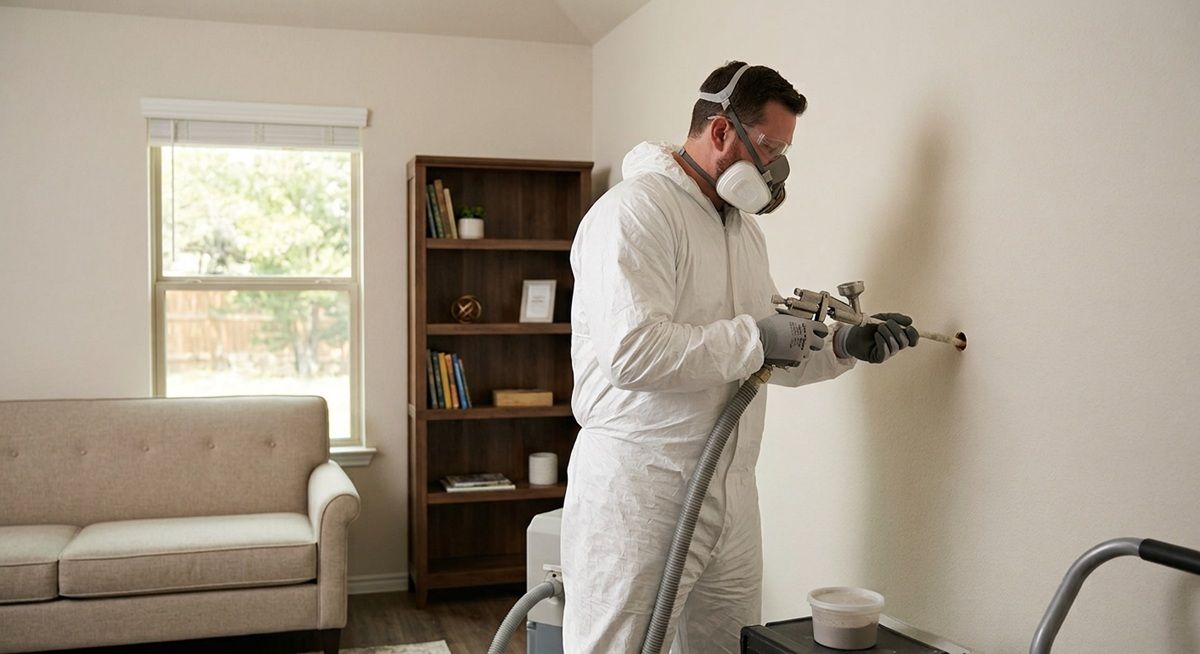 A professional contractor applying injection foam insulation into a residential wall in Bryan, TX.