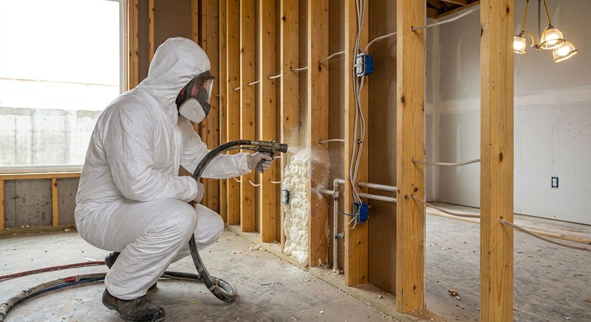 Applying spray foam insulation into a wooden stud wall cavity.