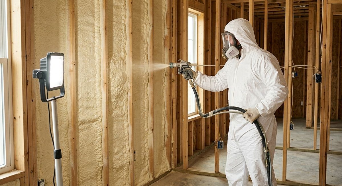 Contractor applying spray foam insulation in home wall.