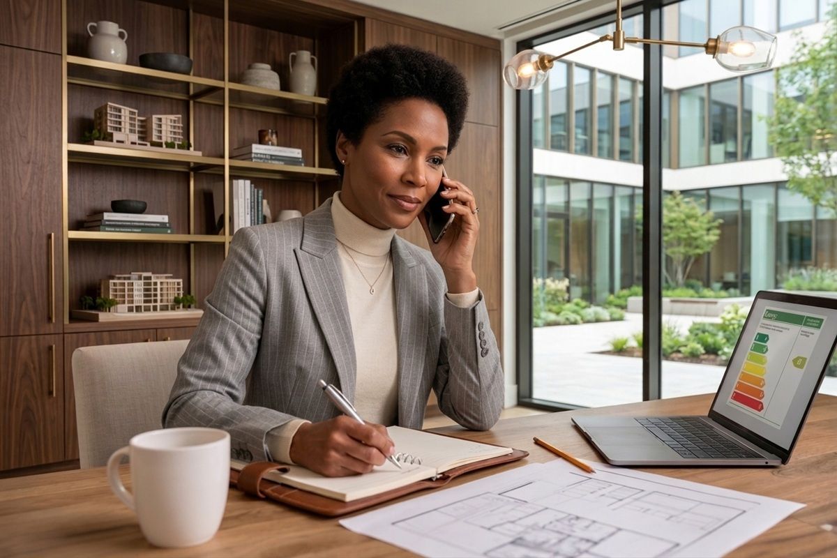 A professional Black woman writing in a notebook while on a phone call in a modern office.