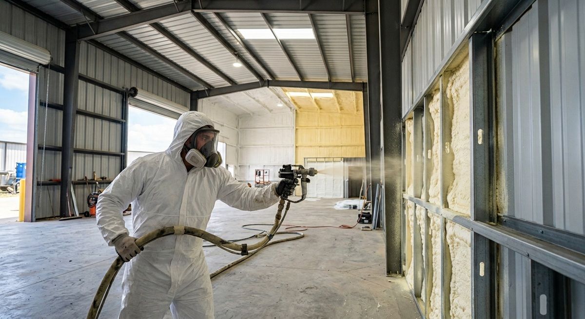Contractor spraying foam insulation inside a metal warehouse.