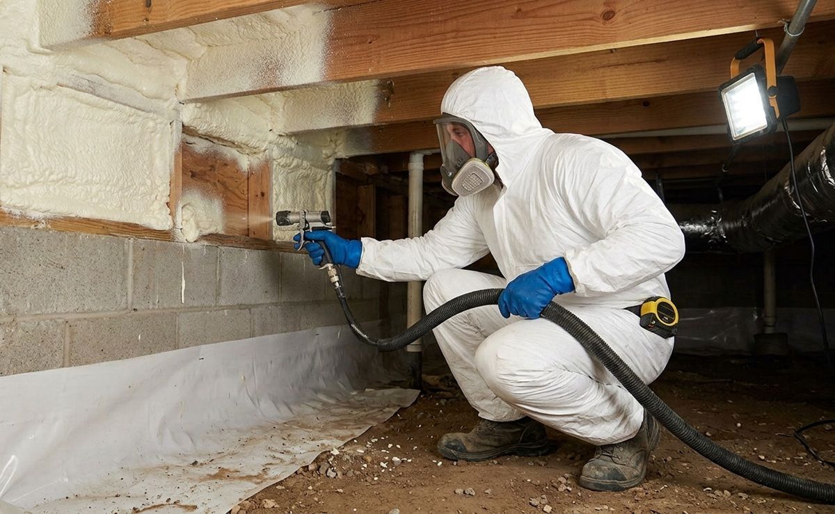 Technician applying spray foam insulation in a home crawl space.
