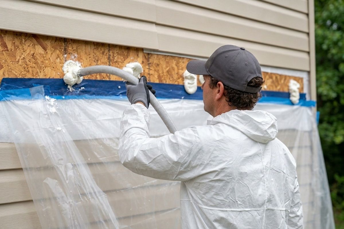 A contractor in a protective suit applies spray foam insulation to a home exterior wall.